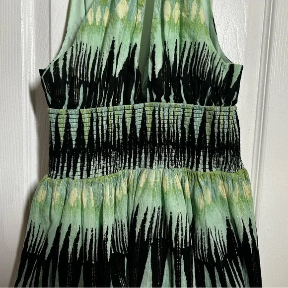 Free People XS Boho Halter Mini Dress Green Abstract Print Smocked Waist - Picture 11 of 15